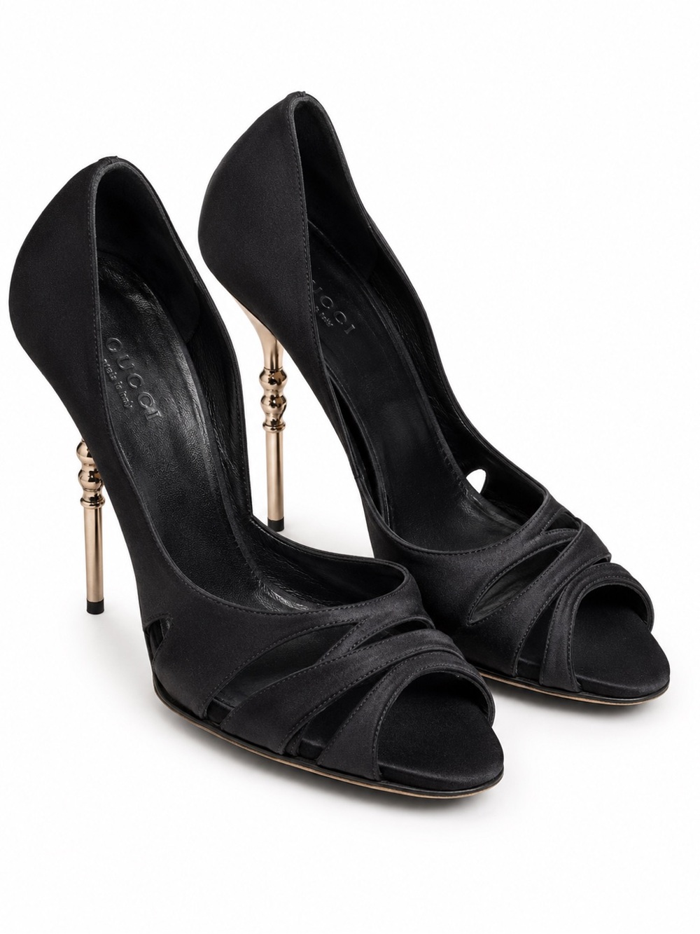 Gucci Black Open-Toe D’Orsay Heels with Gold Bamboo-Style Metal Heel – 37.5